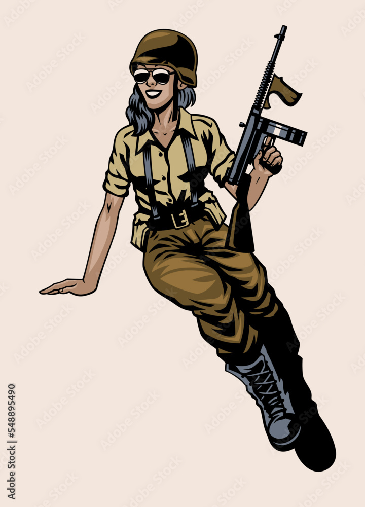 Women Soldier Army in uniform holding the Tommy gun Women Soldier Army in uniform holding the Tommy gun