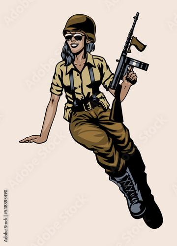 Women Soldier Army in uniform holding the Tommy gun
