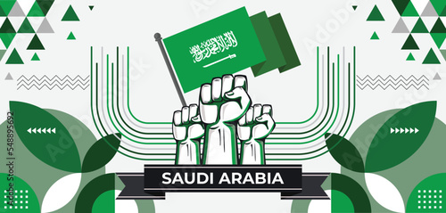 Saudi Arabia national day banner with Saudi flag colors theme background and geometric abstract retro modern green white design. Saudi people. Arab Sports Games Supporters Vector Illustration.