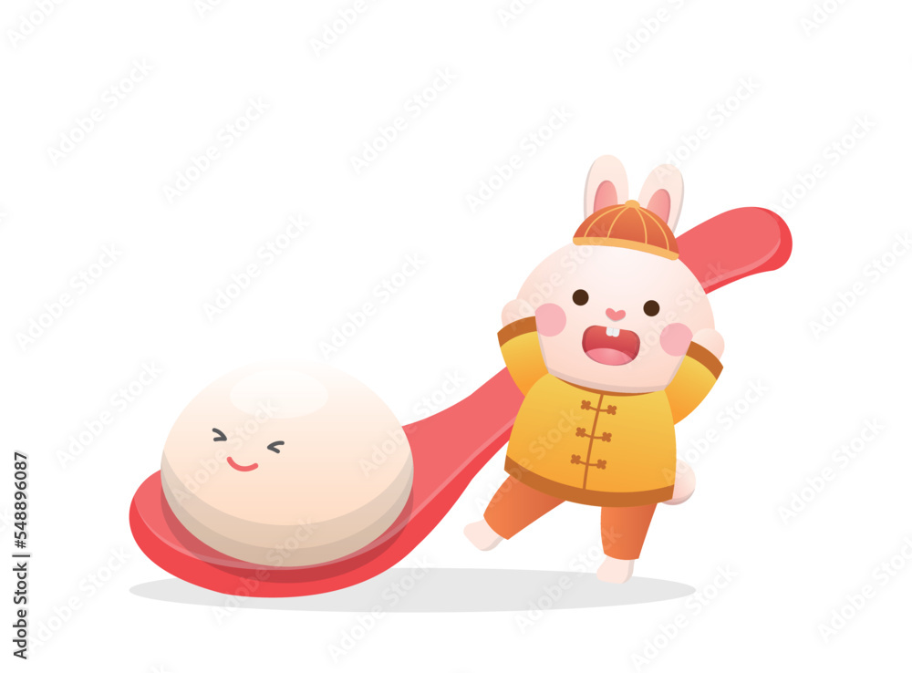 Cute rabbit character or mascot with glutinous rice balls, Lantern Festival or Winter Solstice, delicious glutinous rice sweet food in Asia, playful and cute cartoon style Cute rabbit character or mascot with glutinous rice balls, Lantern Festival or Winter Solstice, delicious glutinous rice sweet food in Asia, playful and cute cartoon style
