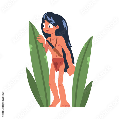 Mowgli as Feral Boy from Jungle Raised by Wolves Hiding Behind Leaves Vector Illustration