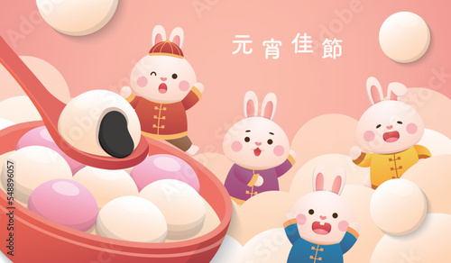 Cute rabbit character or mascot, Lantern Festival or Winter Solstice with glutinous rice balls, glutinous rice sweet food in Asia, Chinese translation: Lantern Festival