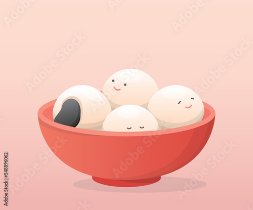 A bowl of glutinous rice balls with playful and cute expressions and mascots, glutinous rice sweets in Asia, traditional dim sum for Lantern Festival or Winter Solstice