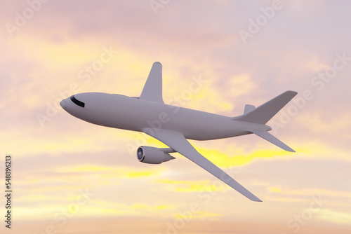 3D Illustration White passenger Aircraft. Airplane flying in sunset sunrise cloudy sky