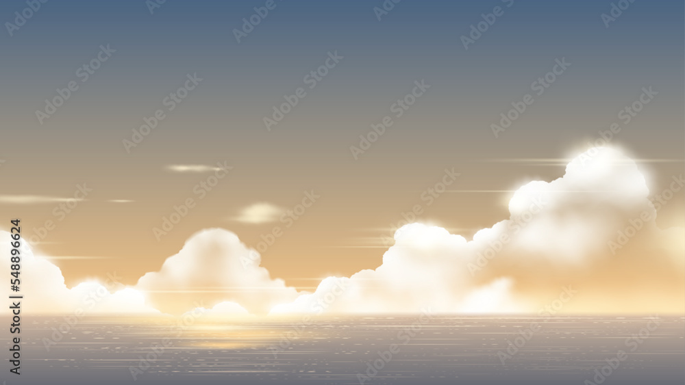 vector illustration of cumulonimbus clouds at the horizon of the ocean during the evening