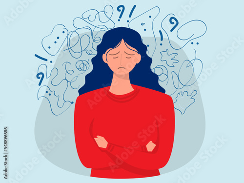 woman suffers from obsessive thoughts; headache; unresolved issues; psychological trauma; depression.Mental stress panic mind disorder illustration Flat vector illustration.