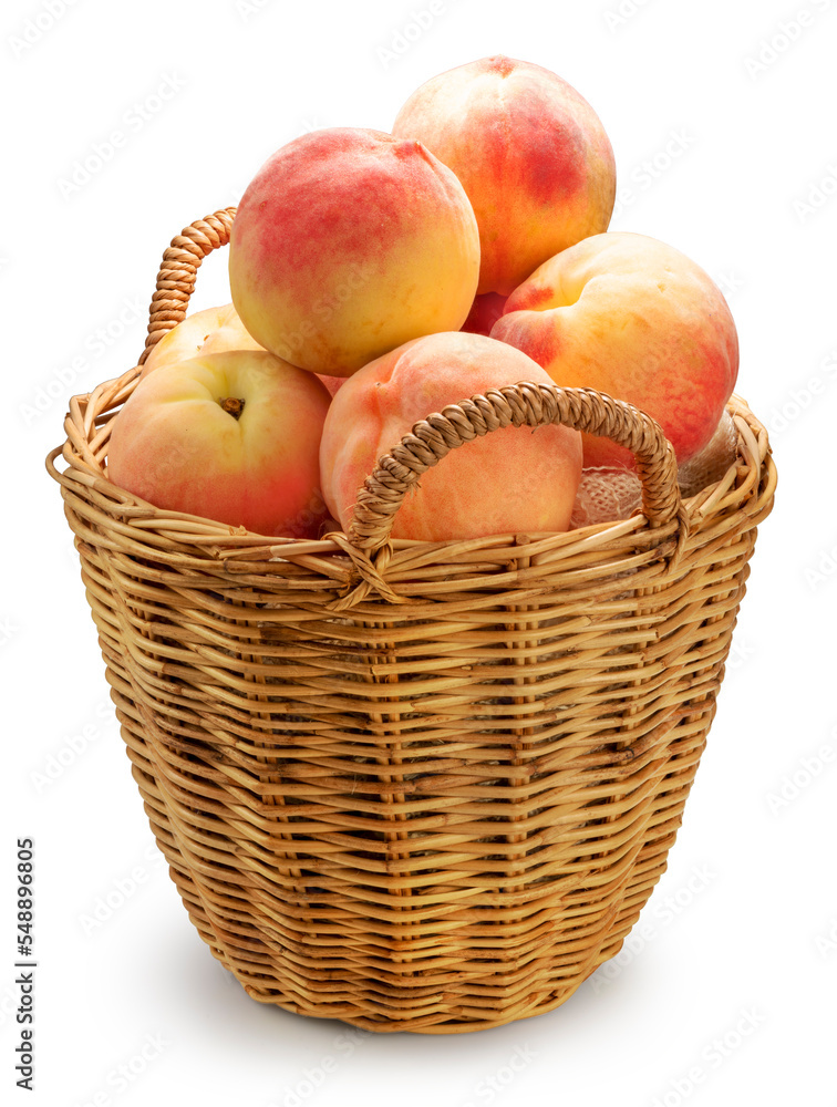 White Peach fruit in the basket isolated on white background, White Peach fruit on white With clipping path. White Peach fruit in the basket isolated on white background, White Peach fruit on white With clipping path.