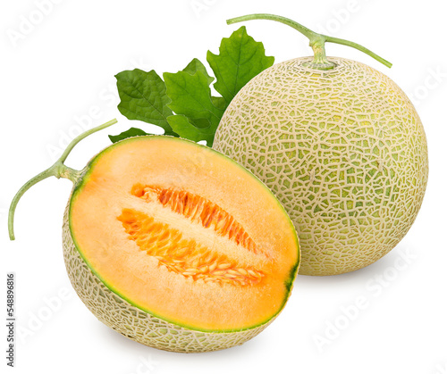 Japanese melon or cantaloupe isolated on white background, Sweet Hokkaido melons isolated on white background, With work path.