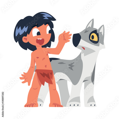 Mowgli Toddler as Feral Boy from Jungle Standing with Wolf Brother Cub Vector Illustration