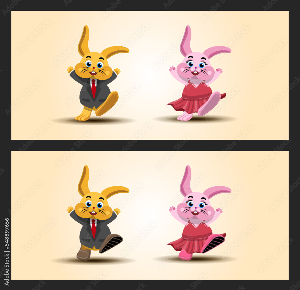 Vector illustration of cute male and female rabbit characters dancing