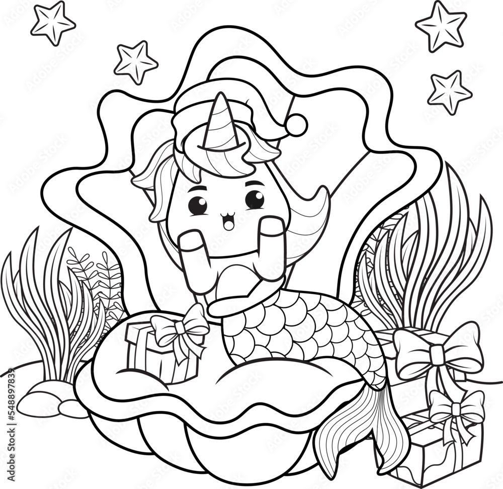 Fototapeta premium Christmas coloring book with cute unicorn mermaid