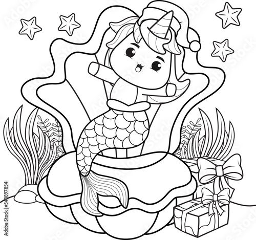 Christmas coloring book with cute unicorn mermaid