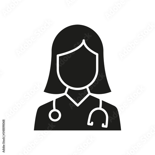 Professional Doctor with Stethoscope Silhouette Icon. Female Physicians Specialist and Assistant Glyph Black Pictogram. Isolated Vector Illustration