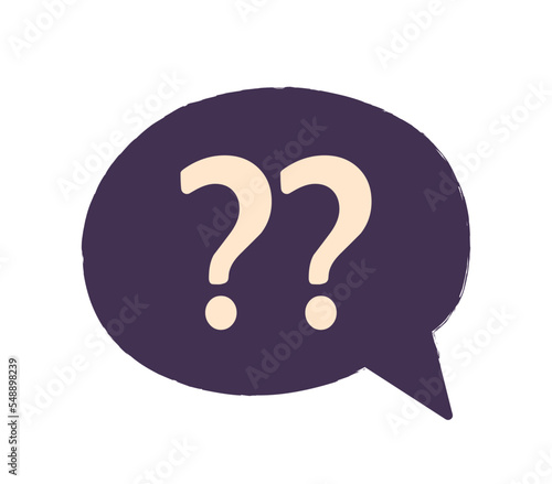 Speech bubble icon. Purple cloud with two question marks. information and knowledge, infographics. Feedback and answers to frequently asked questions concept. Cartoon flat vector illustration