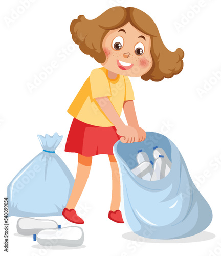 A girl sorting plastic bottles in trash bag