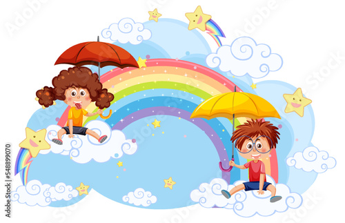 Kids sitting on cloud with rainbow