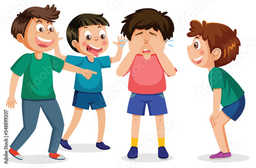 Three boys teasing and laughing at their friend