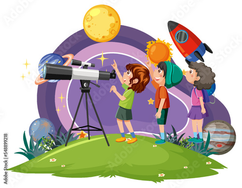 Kids observing the sky with a telescope