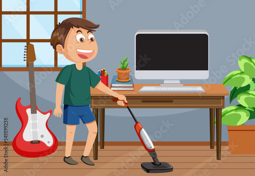 A boy cleaning the living room
