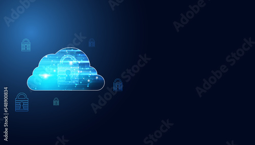 Abstract Cloud Storage and data loss prevention Cybersecurity, padlock, encryption, on blue background. Digital futurism.