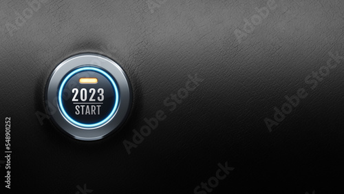 Obraz na płótnie Start engine car button on black leather, happy new year 2023 start new project, 3D rendering