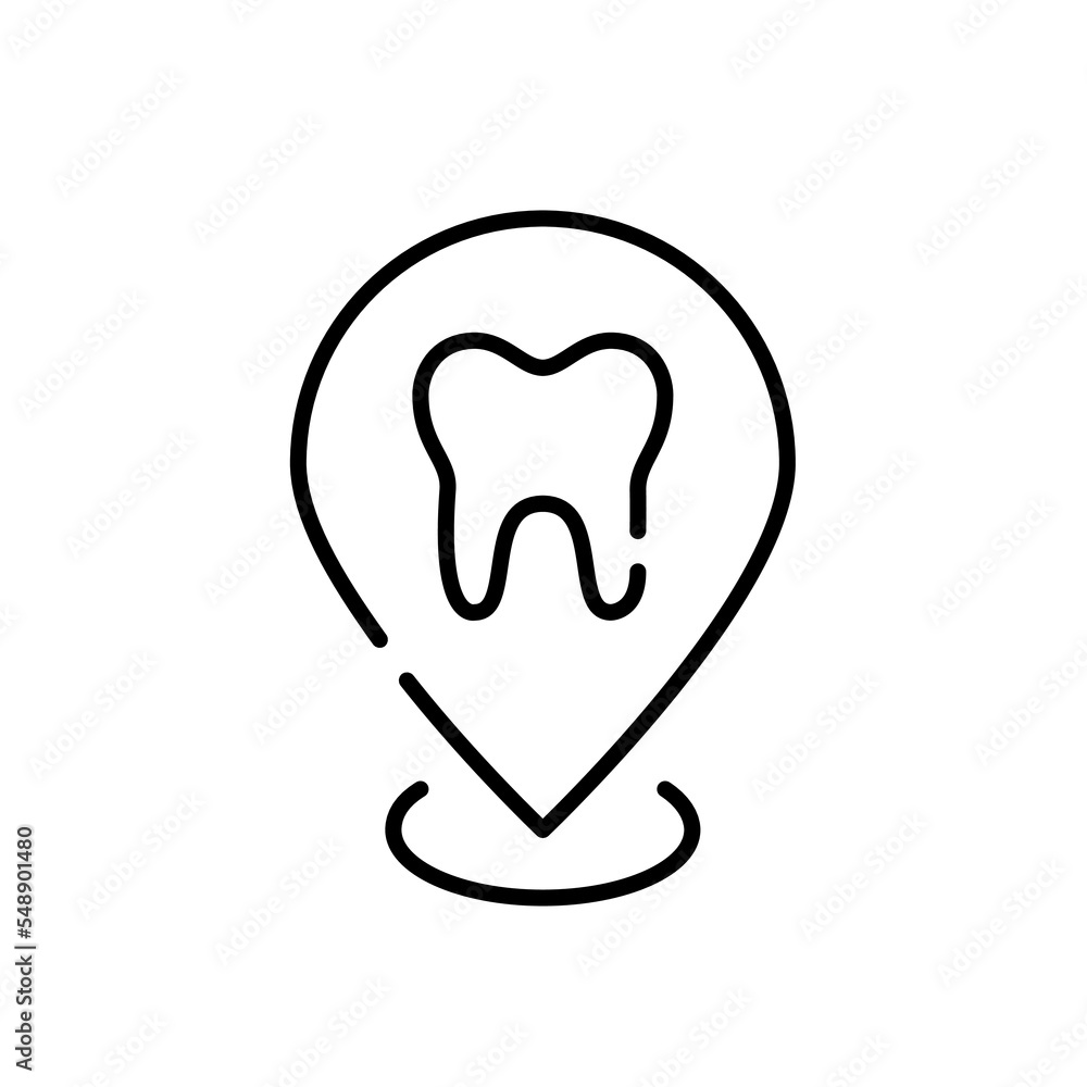 Dental clinic location. Map pointer with tooth on it. Pixel perfect, editable stroke line icon Dental clinic location. Map pointer with tooth on it. Pixel perfect, editable stroke line icon