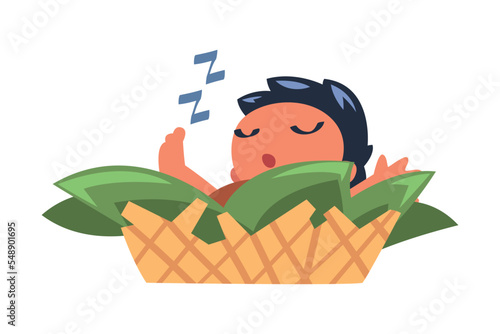 Mowgli Little Baby Sleeping in Basket as Feral Boy from Jungle Raised by Wolves Vector Illustration