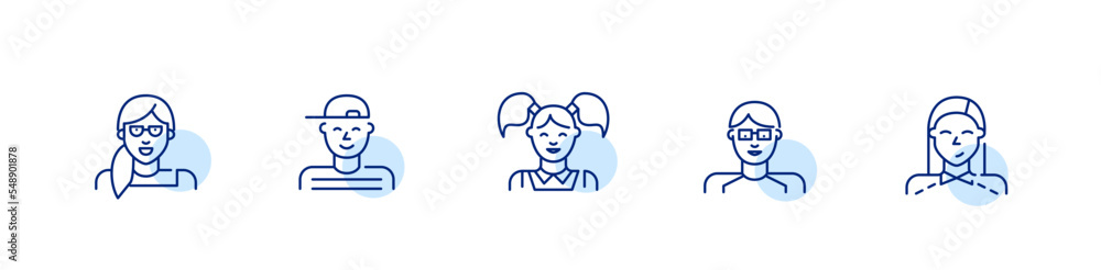 Children and teenagers profile pictures. Pixel perfect, editable stroke line art icons Children and teenagers profile pictures. Pixel perfect, editable stroke line art icons