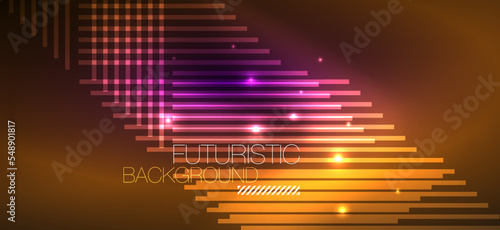 Background neon glowing lines and geometric shapes. Lights in the dark wallpaper for concept of AI technology, blockchain, digital, communication, 5G, science