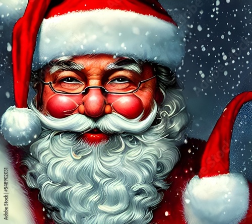 A portly, jolly man in a red suit and white fur trimmed hat smiles benevolently at the viewer. His cheeks are rosy, his belly is round, and he has a thick beard. He wears spectacles photo