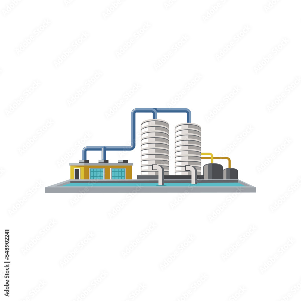 Water purification plant cartoon illustration. Water tanks, liquid treatment plant, industrial wastewater separator. Filtration, technology, industry concept