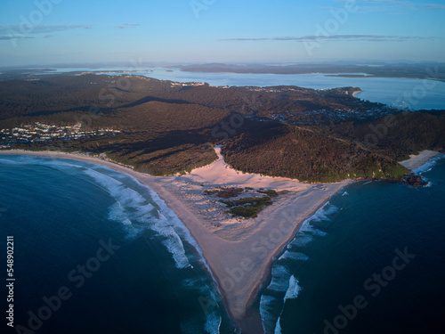 Drone photo of Fingal Bay taken from the Fingal spit, just before sunrise