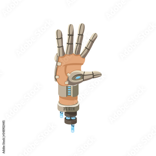 Robot hand showing high five cartoon illustration. Prothesis arm showing high five. Artificial intelligence, innovation, technology concept