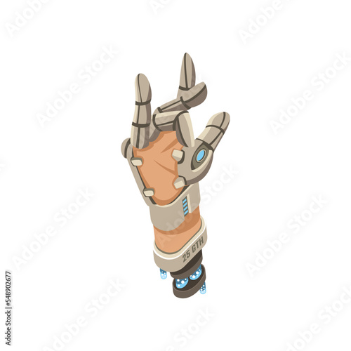 Robot hand showing gesture cartoon illustration. Prothesis arm showing gesture. Artificial intelligence, innovation, technology concept