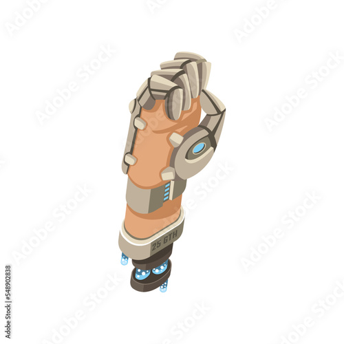 Robot hand showing fist cartoon illustration. Prothesis arm showing fist. Artificial intelligence, innovation, technology concept