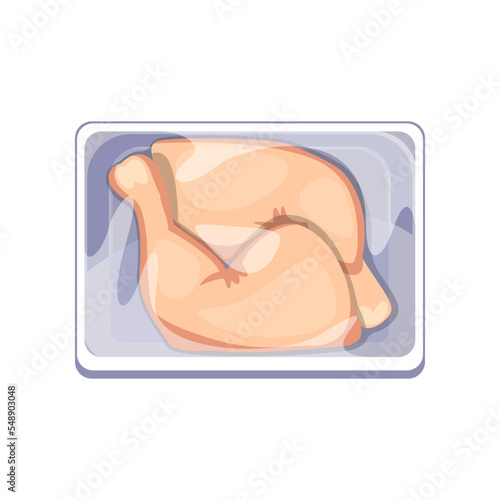 Plastic package with two fresh chicken legs cartoon illustration. Chicken legs on plastic tray or vacuum wrap container. Food, market, grocery concept