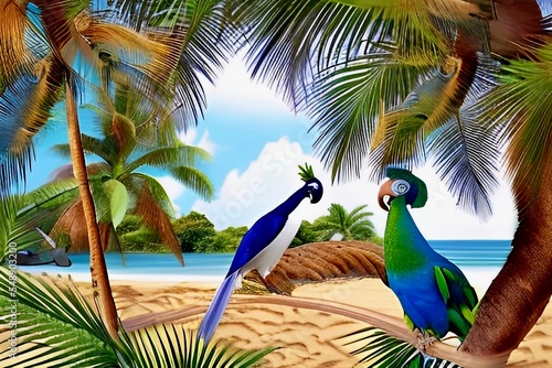 Tropical palm trees  birds peacock and parrot in the beach