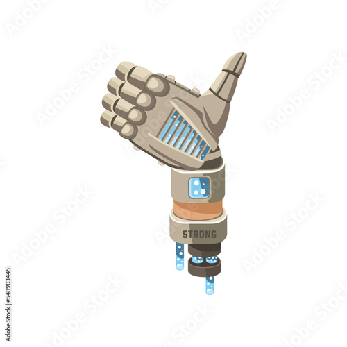 Robot hand showing thumb up gesture cartoon illustration. Prothesis arm showing thumb up. Artificial intelligence, innovation, technology concept