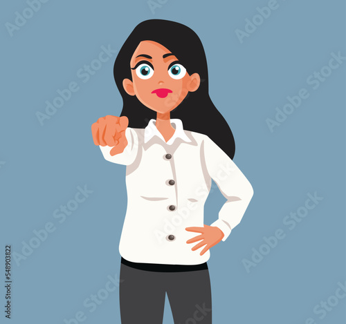 Woman Pointing her Finger Blaming and Accusing Vector Illustration. Angry businesswoman scolding employees feeling dissatisfied with their work
