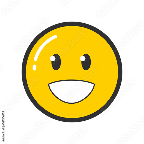 Trendy fashion patch or badge of emoticon illustration. Cute smiling face sticker. Style, embroidery concept