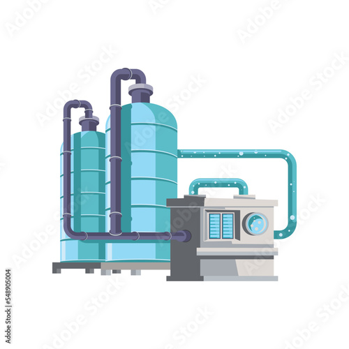 Plant equipment for water purification process illustration. Water tanks, liquid treatment plant, industrial wastewater separator. Filtration, technology, industry concept