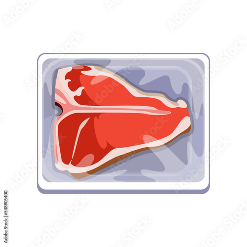 Plastic package with fresh t-bone steak cartoon illustration. Beef steak on plastic tray or vacuum wrap container. Food, market, grocery concept
