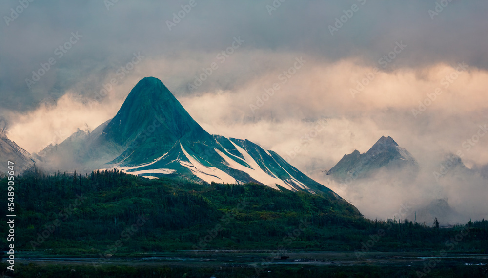 Snowy mountain in alaska with cloudy sky