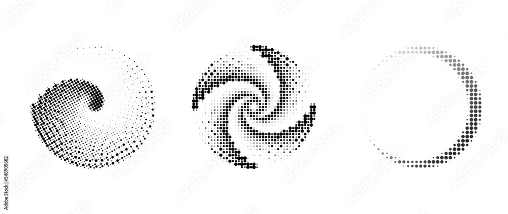 Halftone dot background pattern vector illustration. Circle and spiral shape monochrome gradient dotted texture, fade distressed overlay. Design for poster, cover, banner, mock-up, sticker, layout. Halftone dot background pattern vector illustration. Circle and spiral shape monochrome gradient dotted texture, fade distressed overlay. Design for poster, cover, banner, mock-up, sticker, layout.
