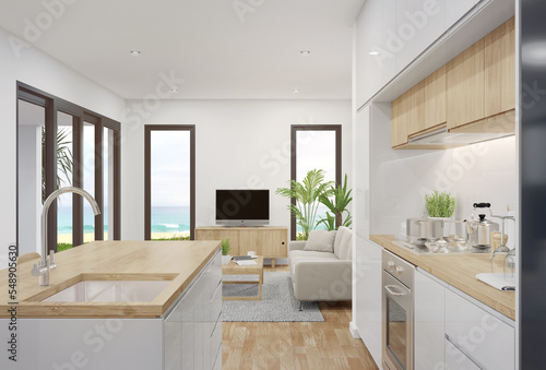 Counter on parquet floor near bright living room and kitchen in modern beach house or luxury villa. White home interior 3d rendering with sea view.