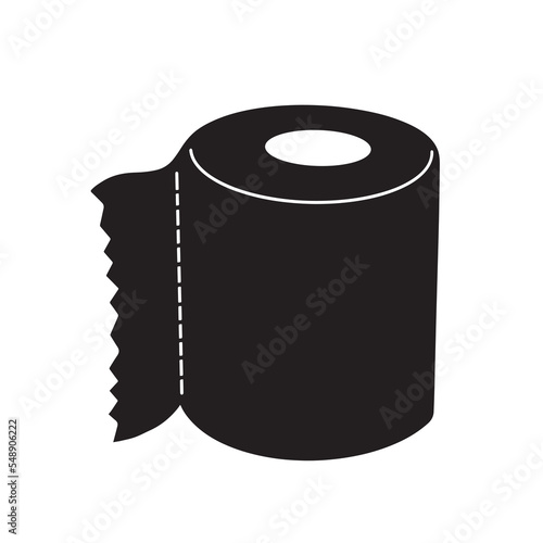 Toilet paper roll icon silhouette isolated on plain white background. Black icon sanitary equipment with flat cartoon simple art style drawing.