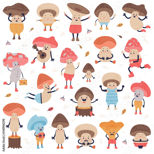 Funny Mushroom Characters with Cap and Stem Having Legs and Arms Vector Set