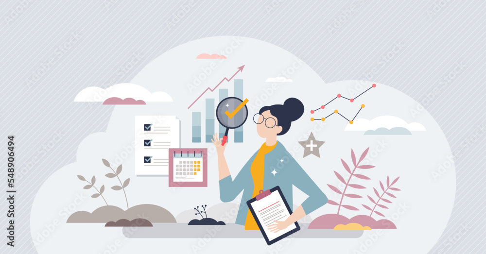 Performance reviews and annual business data evaluation tiny person concept. Information about company rating with increasing appraisal vector illustration. Development and growth process measurement.