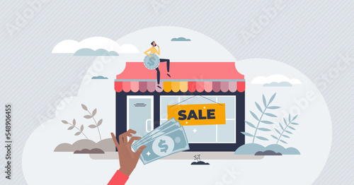 Business for sale and offer to buy retail shop company tiny person concept. Partner investment with successful deal profit vector illustration. Change owners for money. Investor with store finances.