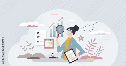 Performance reviews and annual business data evaluation tiny person concept. Information about company rating with increasing appraisal vector illustration. Development and growth process measurement.
